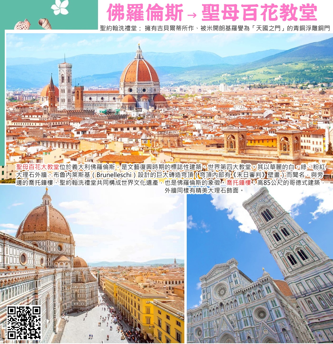 聖母百花大教堂（Cattedrale di Santa Maria del Fiore）位於義大利佛羅倫斯，是文藝復興時期的代表性建築，始建於1296年，歷時140年完工，1982年被列為世界文化遺產。其特色為以白、綠、粉紅大理石拼貼的華麗外觀，以及由布魯內萊斯基設計的壯觀「八角形磚造穹頂」