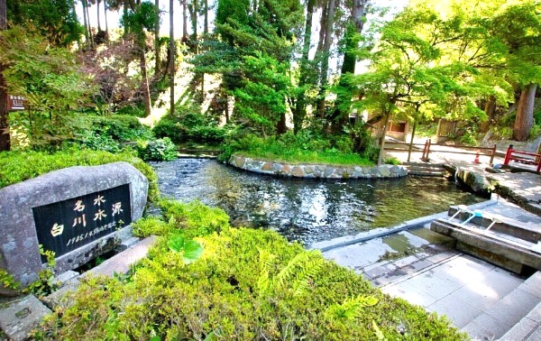 白川水源是日本熊本縣南阿蘇村的著名景點，被選入「日本名水百選」，是流經熊本市的「白川」源頭，以其清澈甘甜、可生飲的地下泉水聞名，水溫常年保持14℃，每分鐘湧出60噸，遊客可自備瓶子裝取，現場有吉見神社供奉水神，並有足湯區和販售當地特產的商店。