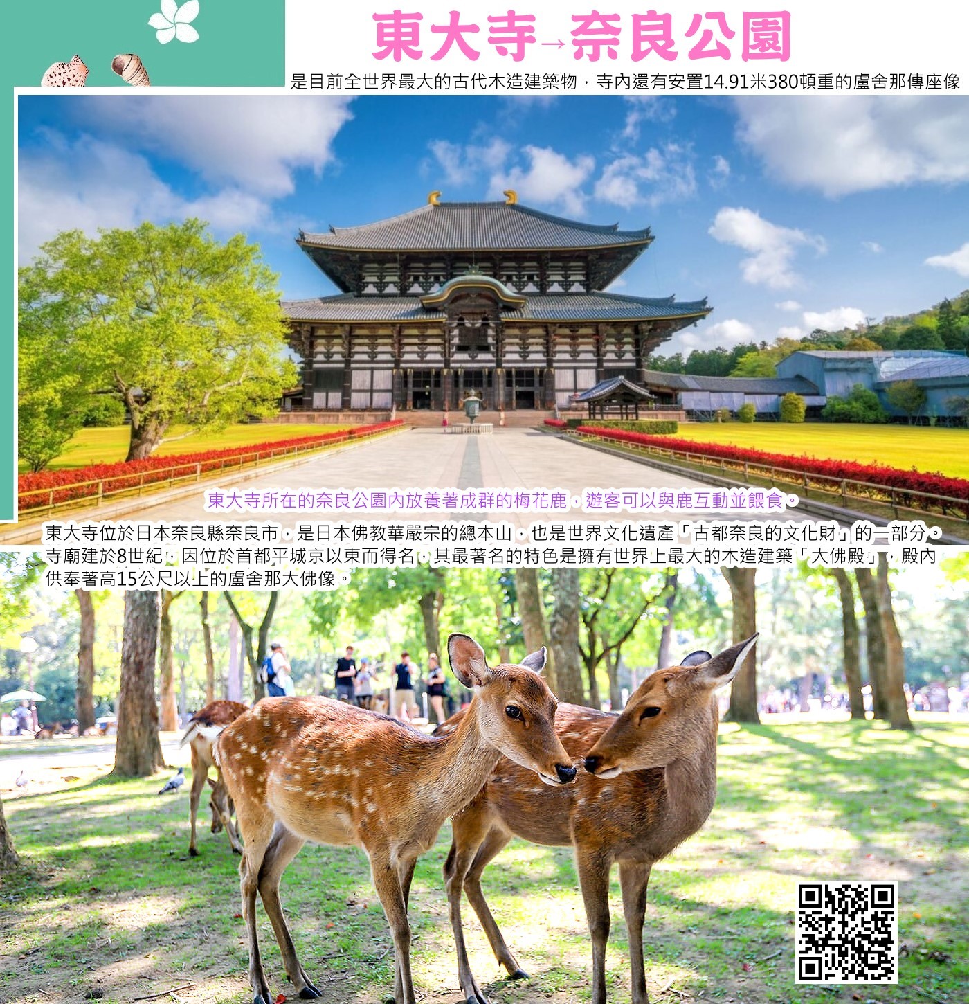 東大寺位於奈良縣奈良市佔地面積約有660公頃的「奈良公園」內。 於1998年作為「古都奈良的文化財產」被登錄為世界遺產，是代表奈良的著名寺院。 最值得一提的是寺內供奉著被人們親切地稱為「奈良大佛」的「盧舍那佛坐像」。