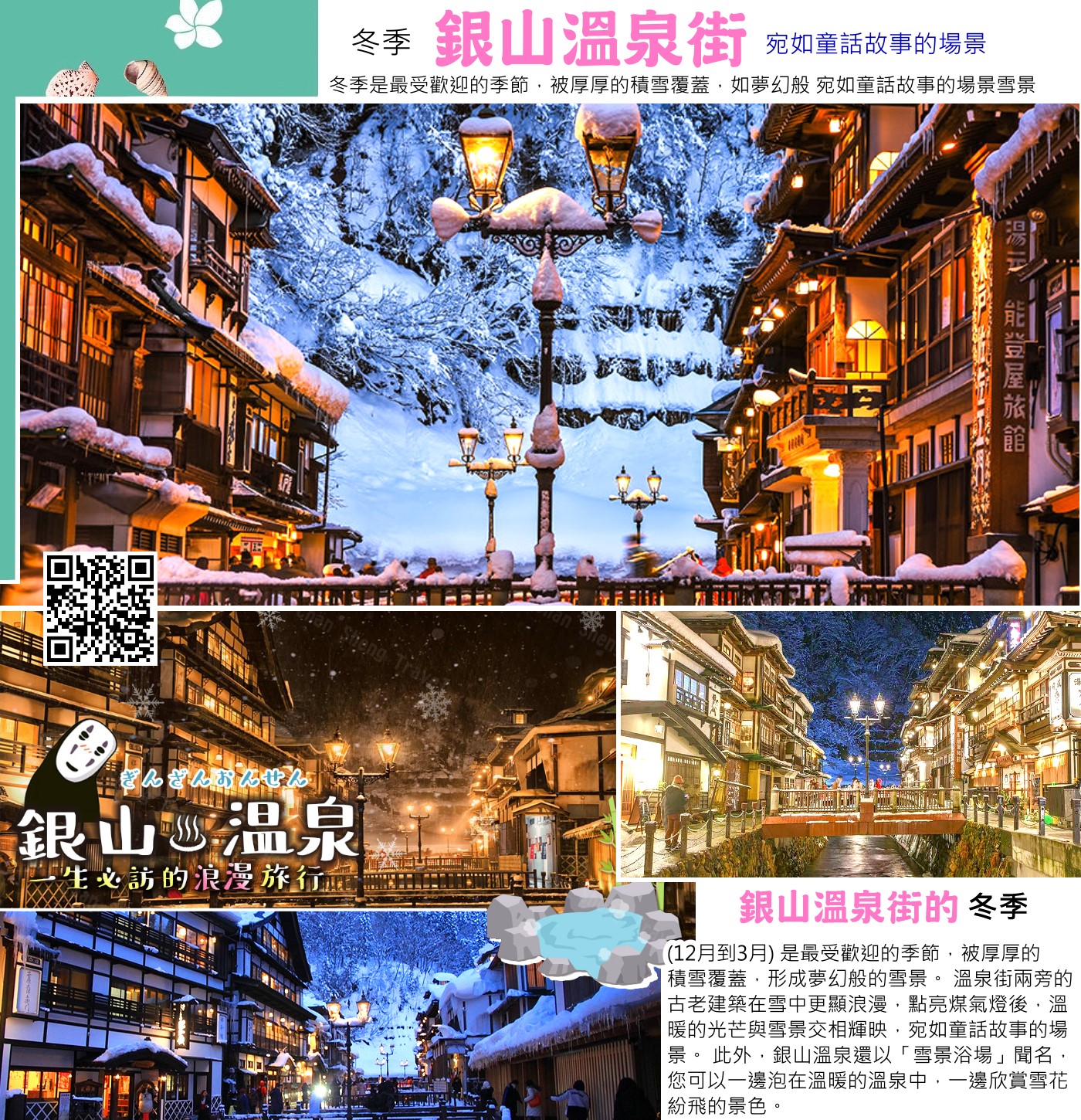 銀山溫泉位於日本山形縣尾花澤市，是一個歷史悠久的溫泉勝地，以其大正時代風格的木造建築和浪漫的雪景